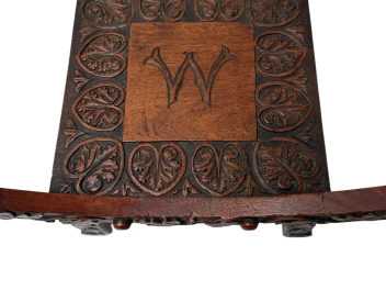 Art Nouveau Walnut Savonarola Hand-Carved Stool, 1900s